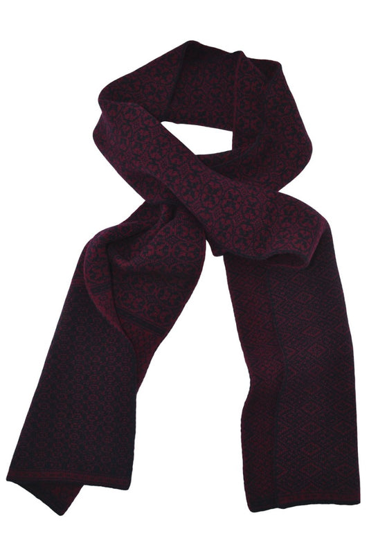 wool fair isle scarf navy burgundy rubislaw