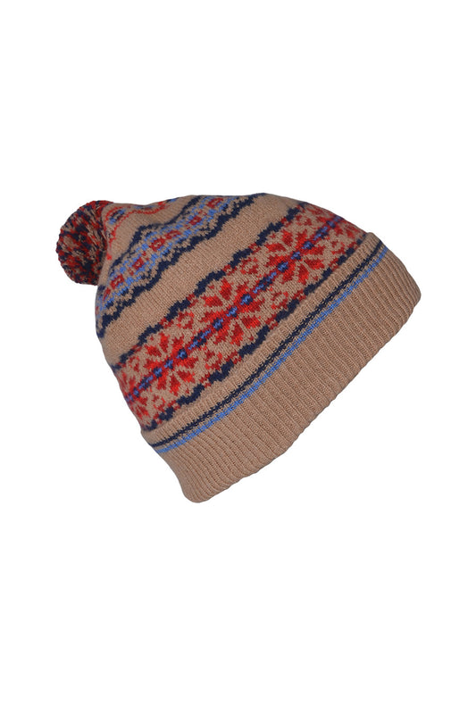 Fair isle ski hat camel blue red lambs wool Scalloway pom