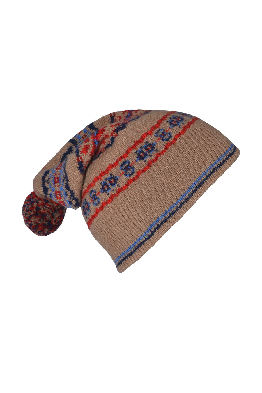 Fair isle ski hat camel blue red lambs wool Scalloway