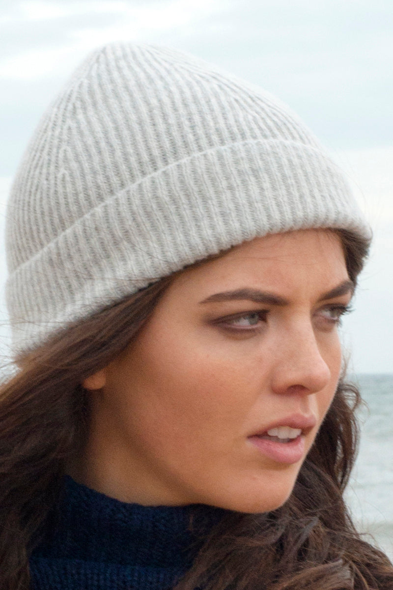 womens Scottish lambswool ribbed beanie hat  