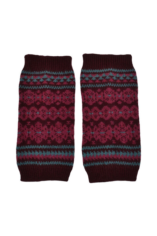 fairisle burgundy wool fingerless gloves wrist warmers