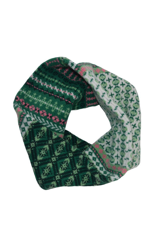 Fair isle cowl scarf ugie. green wool. neck warmer snood