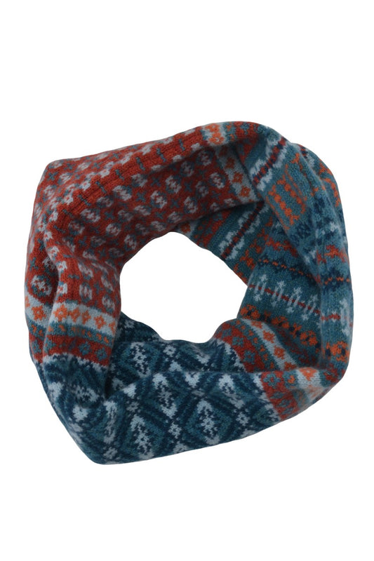 "Ugie" fair isle neck warmer snood cowl scarf. Teal Orange