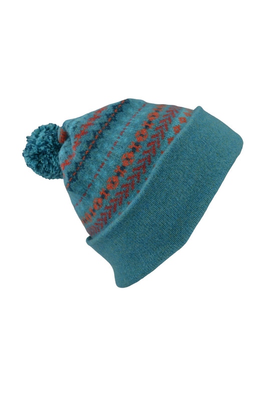 "Ugie" fair isle pom pom ski hat teal orange