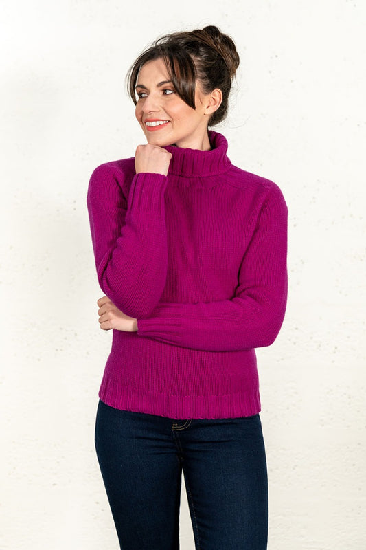 womens fuchsia pink chunky lambs wool polo neck jumper