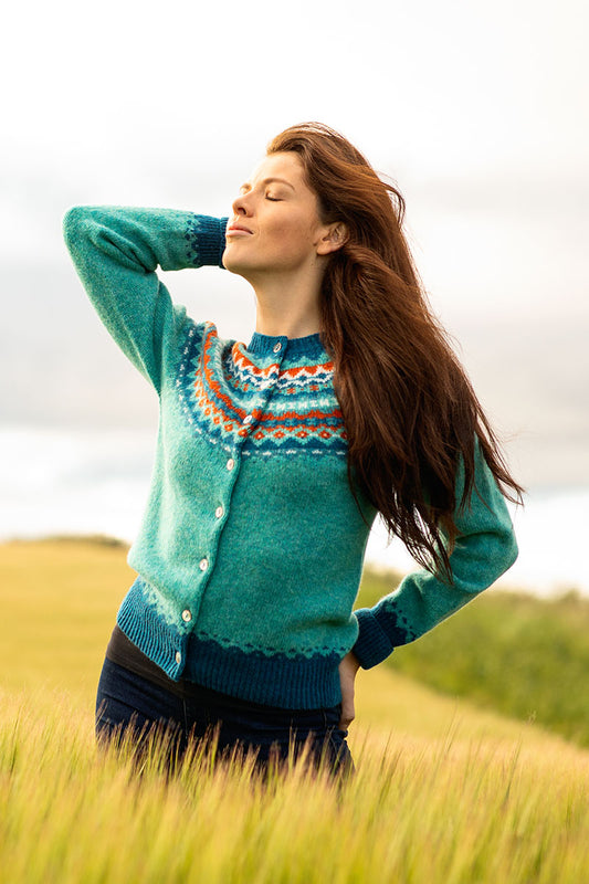 Womens fair isle wool cardigan aqua crathie