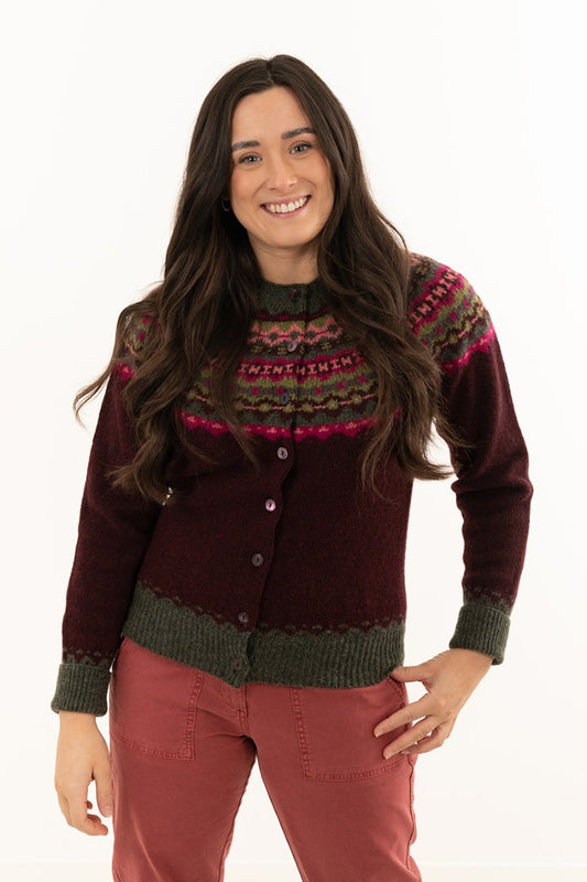 womens fair isle cardigan wool burgundy crathie