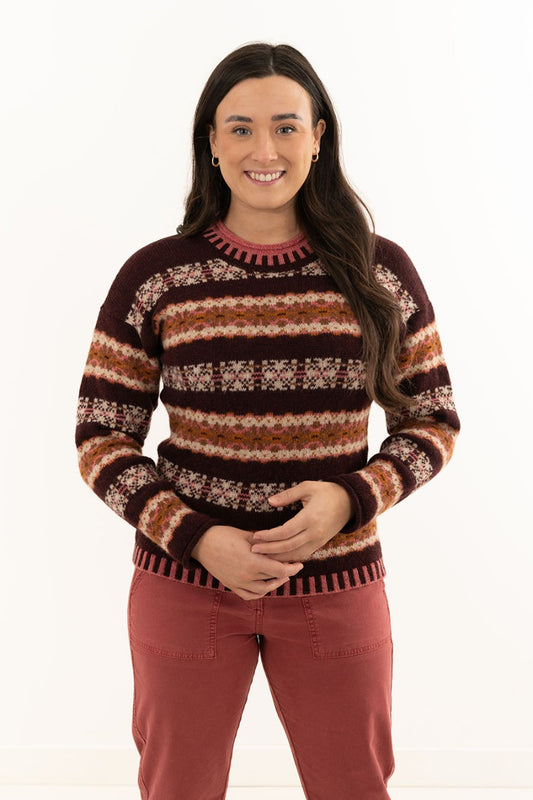 womens fair isle jumper pitmedden aubergine burgundy wool