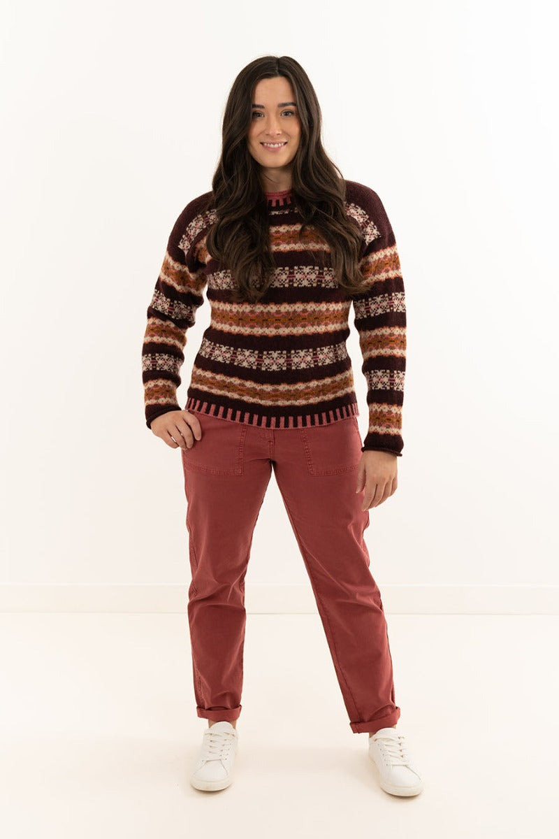 Womens fair isle sweater aubergine burgundy wool pitmedden