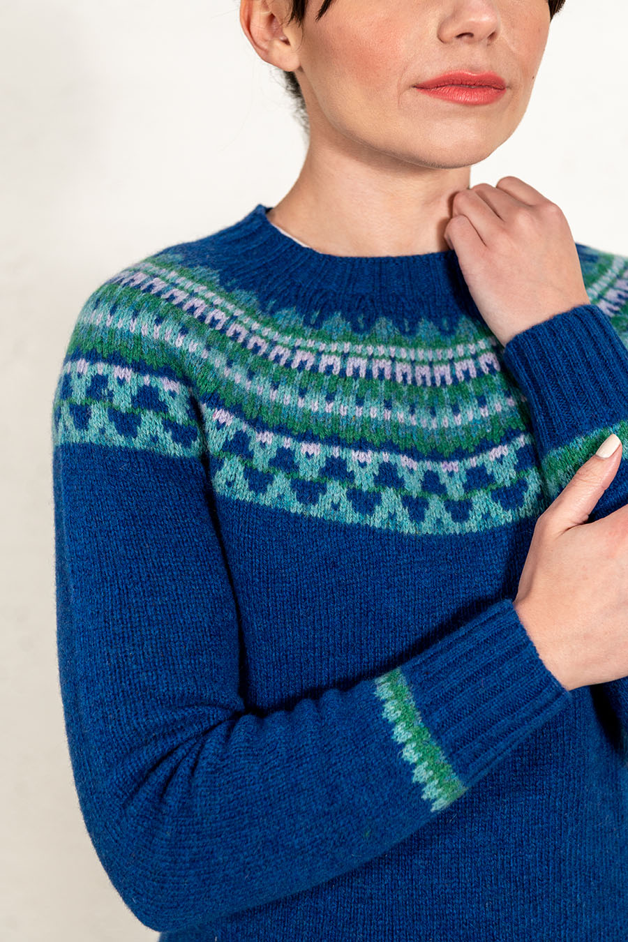 Cobalt blue wool womens fair isle jumper in our Lido pattern. Made in Scotland. The Croft House