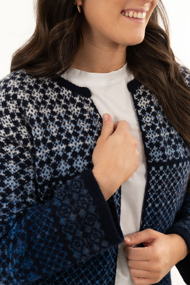 Womens Fair isle Long Kimono Cardigan Coatigan Blue White