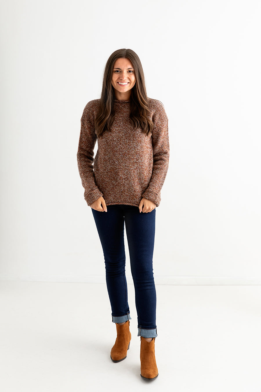 Womens Scottish drop shoulder relaxed jumper with feature cuffs in Autumn marl colourway. The Croft House