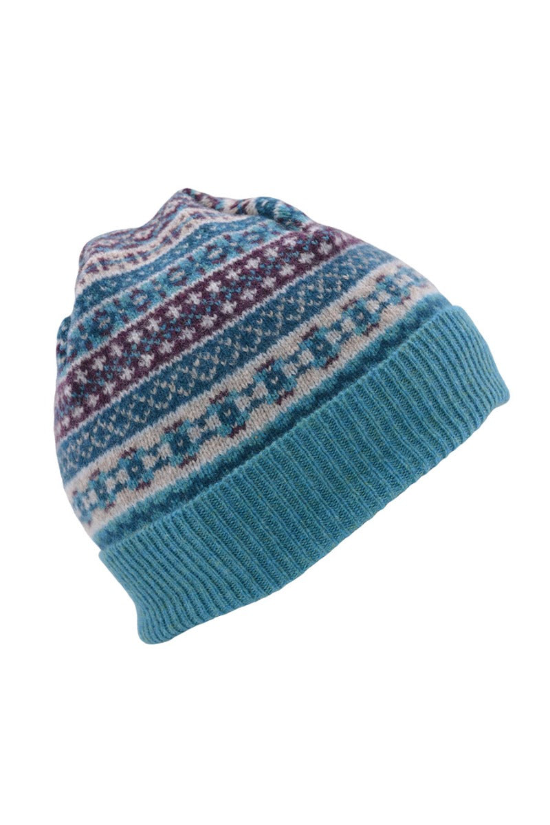 wool fair isle beanie hat teal tweed