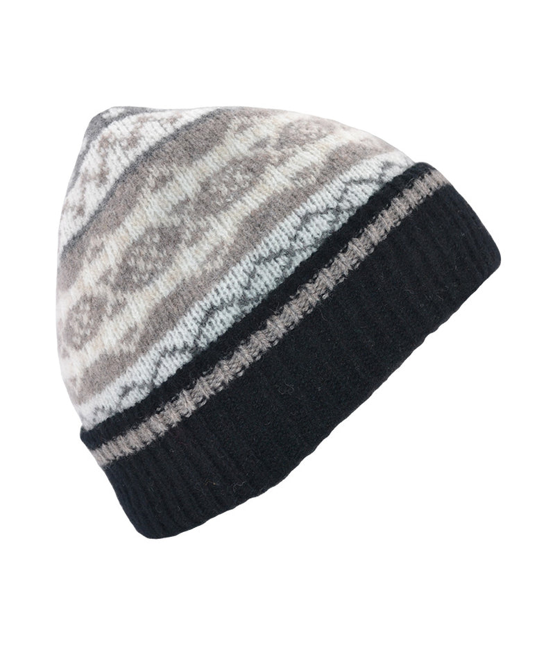 black wool fair isle beanie hat marischal pattern