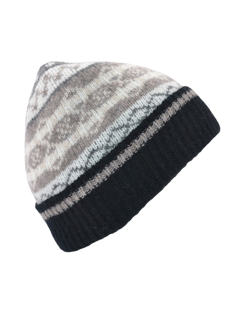 black wool fair isle beanie hat marischal pattern