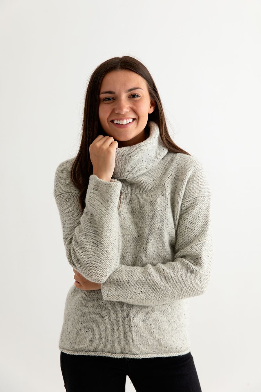 Womens Scottish chunky cowl neck jumper in pale limestone grey - The Croft  House