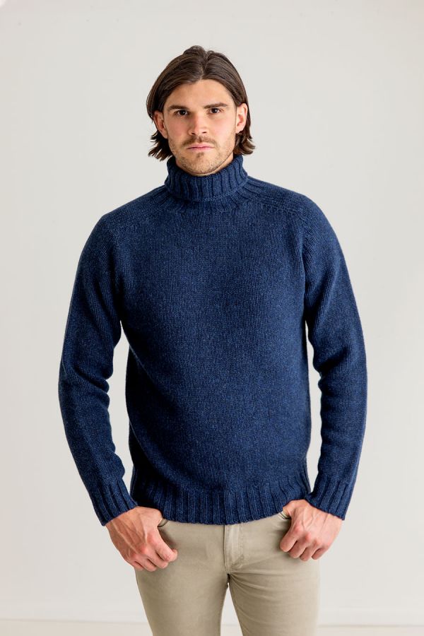 Mens Chunky Geelong Superfine Lambs wool Polo neck Jumper in navy blue ...