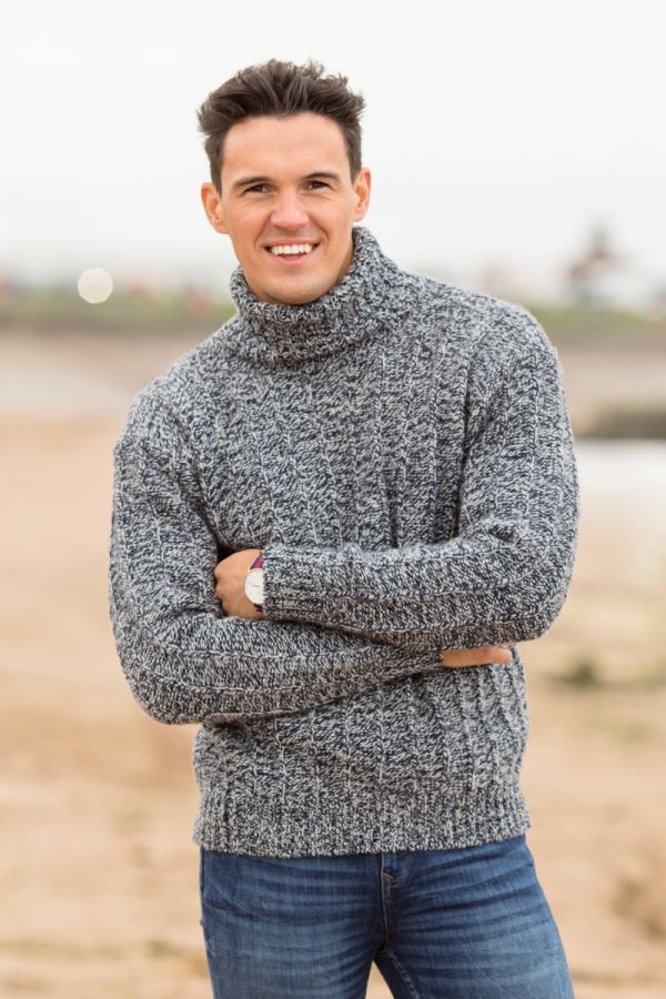 Mens Needle Rib polo neck jumper sweater in Moray blue - The Croft House