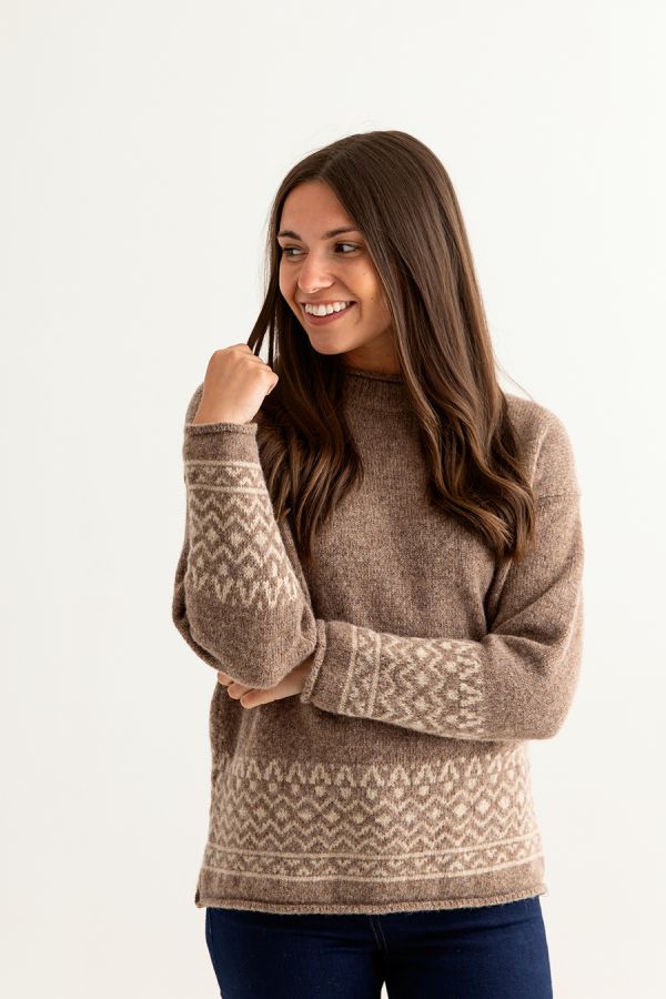 Womens Scottish Wool Relaxed Fair Isle Jumper in Nutmeg brown - The Croft  House