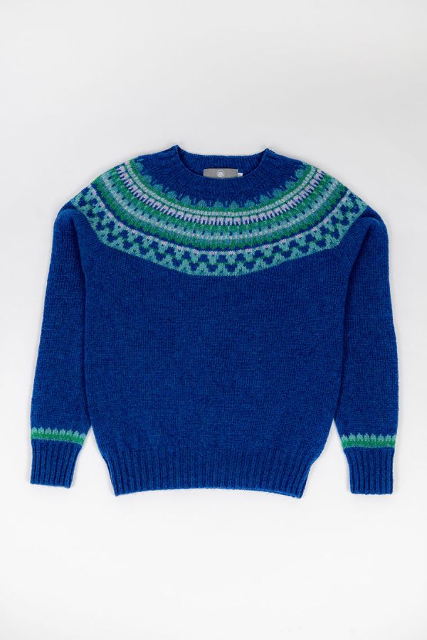 Cobalt blue wool womens fair isle jumper in our Lido pattern. Made in ...