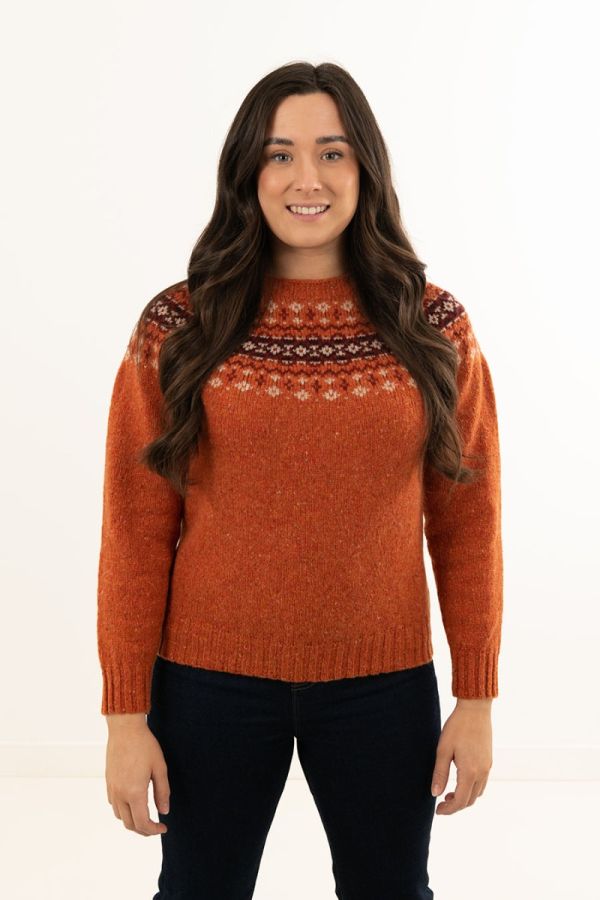 womens orange wool fair isle jumper sweater croft yoke
