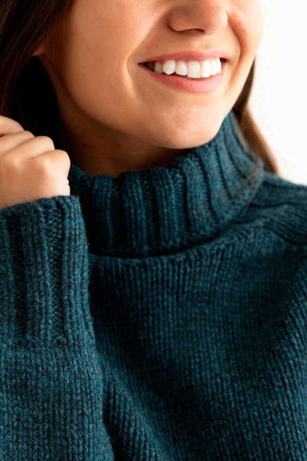 Ladies Chunky Geelong Superfine Lambswool Polo neck Jumper in deep teal -  The Croft House